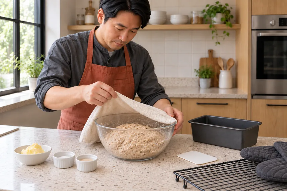 Cook uncovering a rested wholemeal flour-and-water mixture.