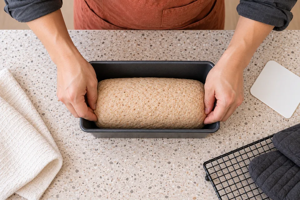One raw wholemeal log fitted evenly into its loaf tin.