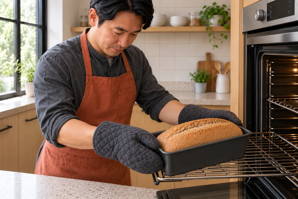 Cook using oven gloves to support a baked wholemeal loaf with one lengthwise split.