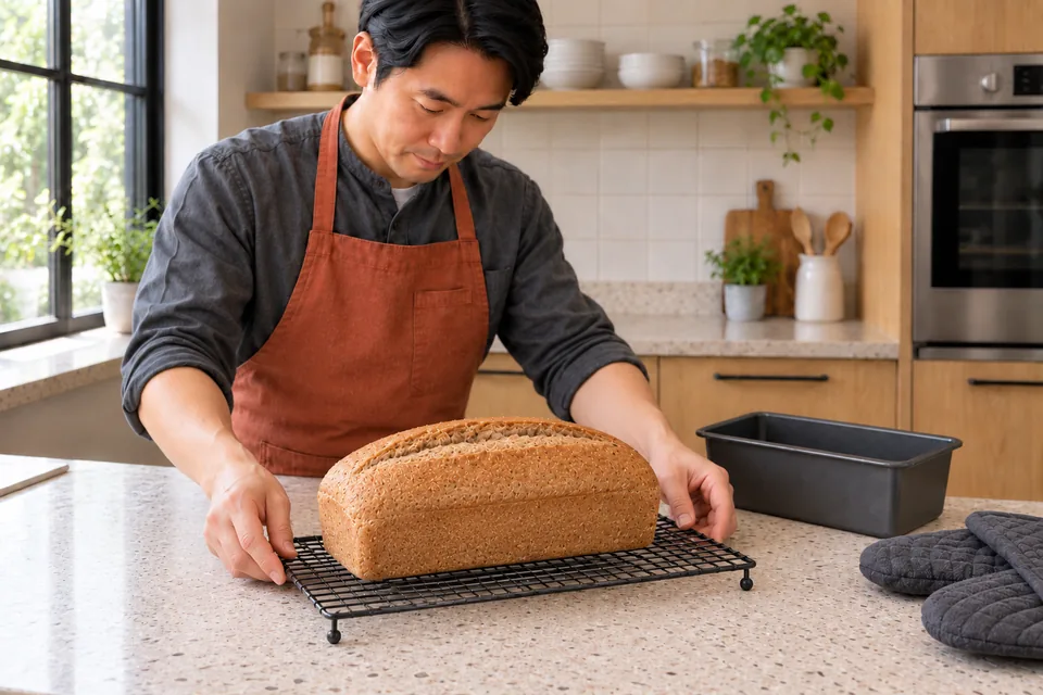 One golden-brown wholemeal tin loaf cooling on a rack.