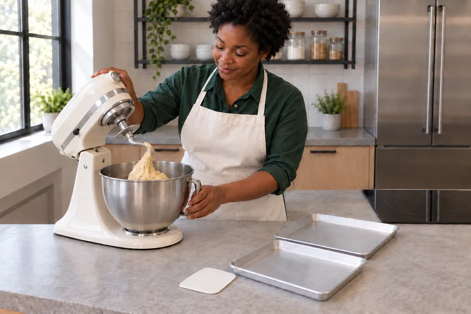 Cook beside a stopped mixer with elastic egg dough gathered around the hook.