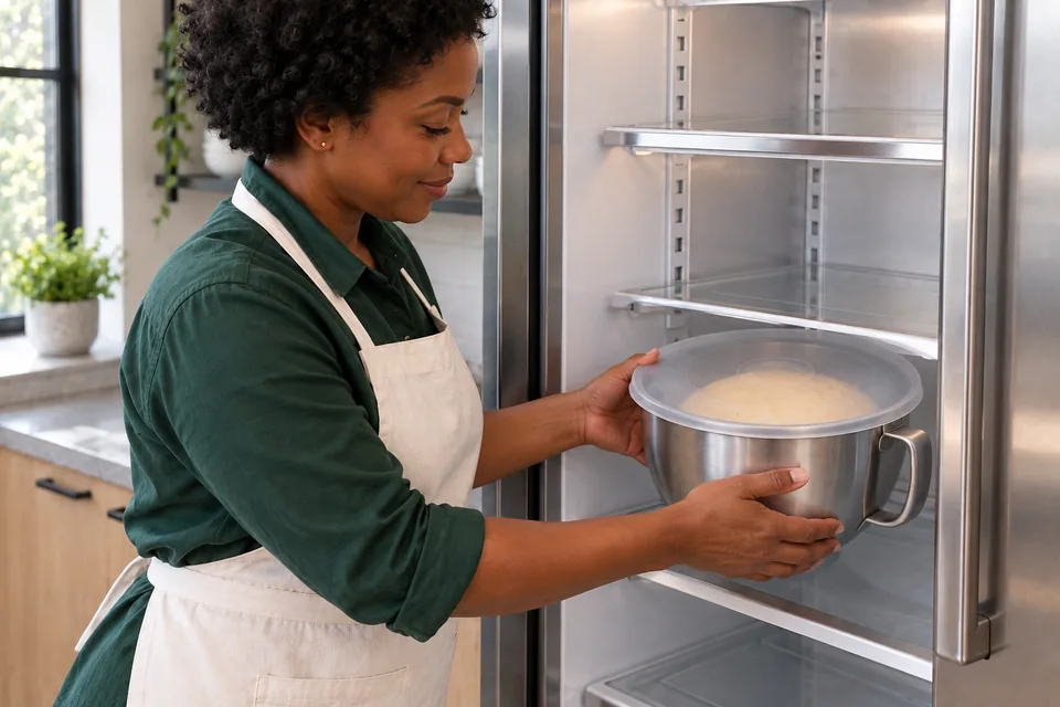 Cook removing a covered bowl of cold enriched dough from the refrigerator.