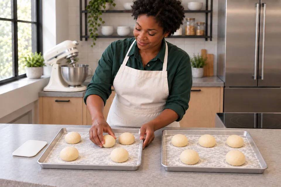 Ten small raw doughnut balls spaced five on each of two trays.