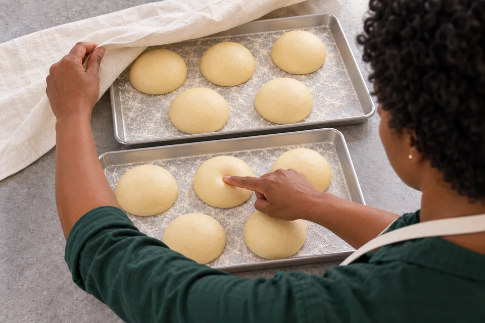 Cook checking a puffy round among ten proofed doughnuts.