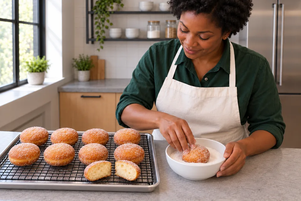 Cook turning a warm doughnut in caster sugar beside the rest of the batch.