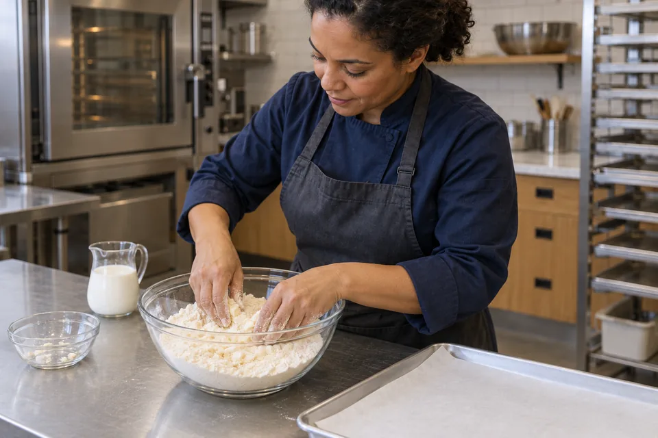 Cook rubbing cold butter into flour with her fingertips.