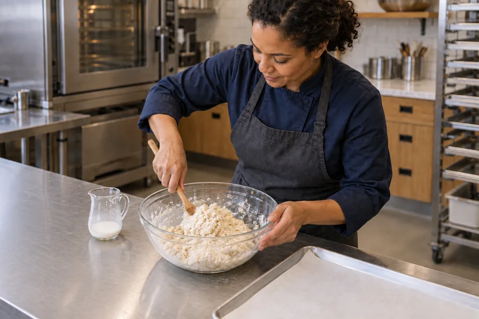 Cook gathering soft biscuit dough with a wooden spoon.