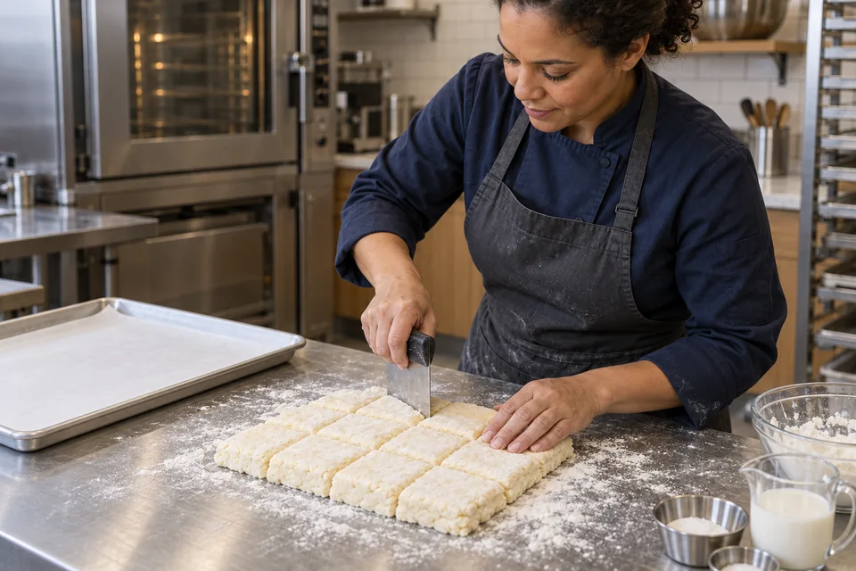 Cook cutting layered biscuit dough into twelve squares.