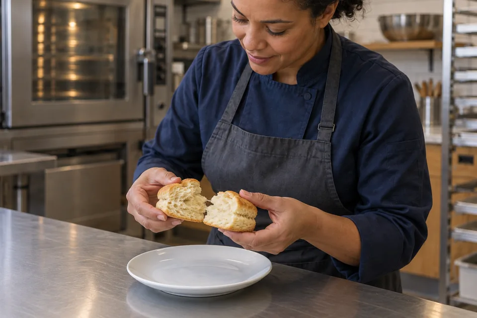 Cook splitting one golden square biscuit to show its fluffy crumb.