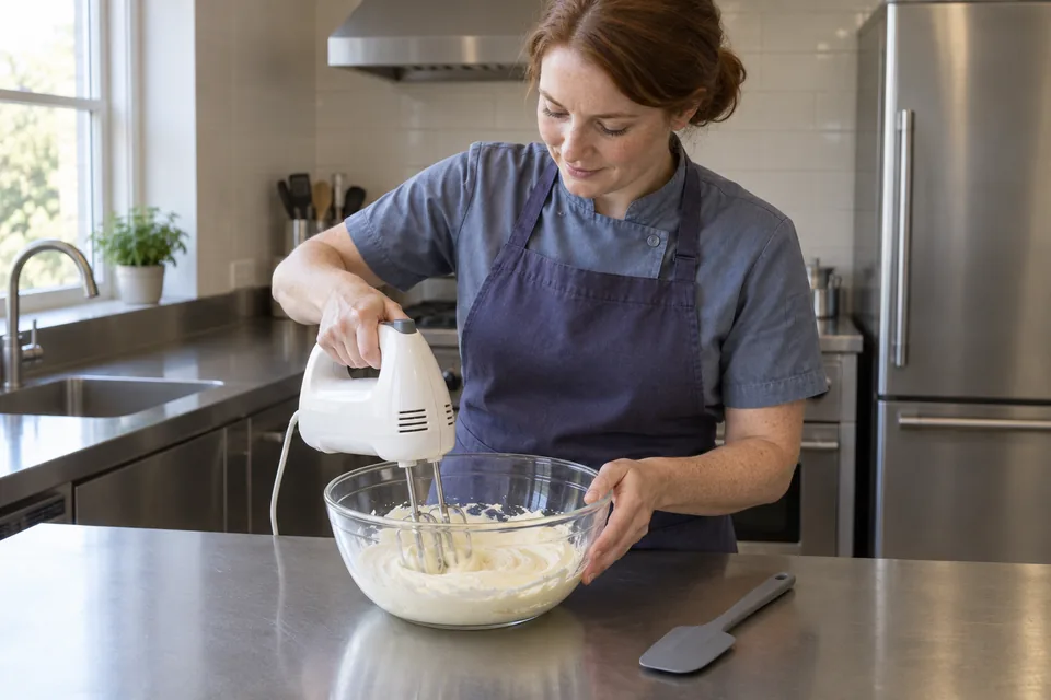 A cook mixes a smooth cream cheese and butter base in a glass bowl.