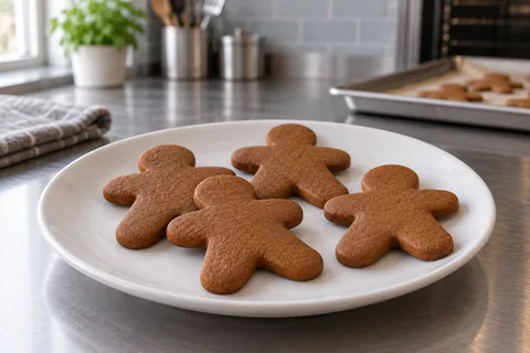 Four undecorated gingerbread-person cookies on a plain white plate.