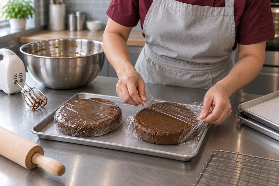 Two gingerbread dough discs are wrapped on a tray.