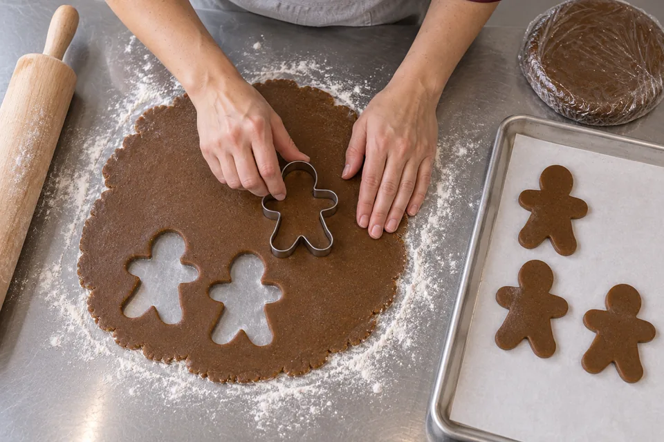 Hands cut a gingerbread-person shape from evenly rolled dough.