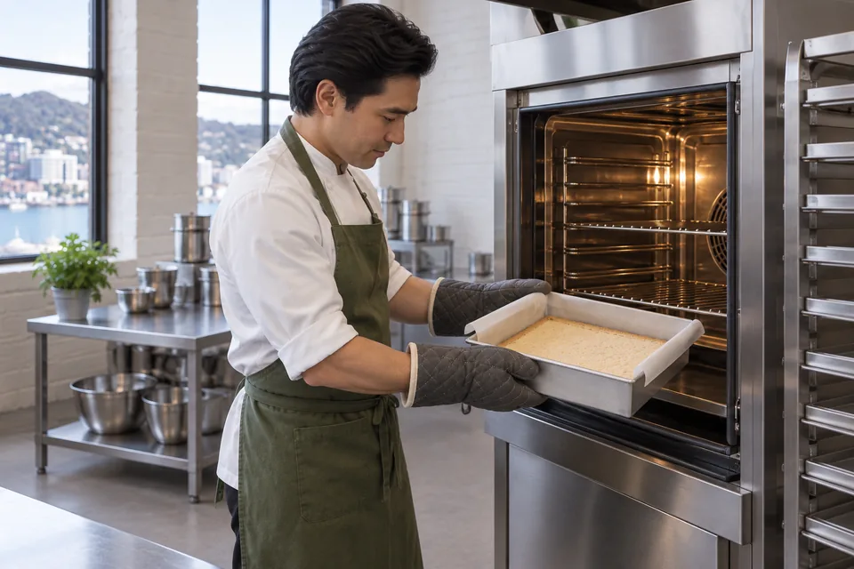 Baker removing a lightly golden shortbread crust with oven mitts.