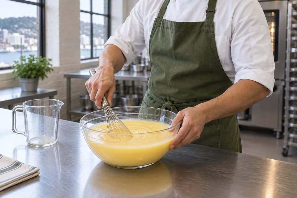 Baker whisking smooth lemon filling.
