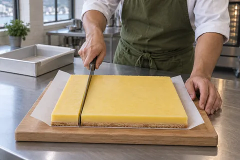 A chilled lemon-bar slab being cut cleanly on a board.