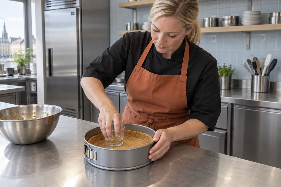 Pastry chef pressing a graham crumb crust into a springform tin.