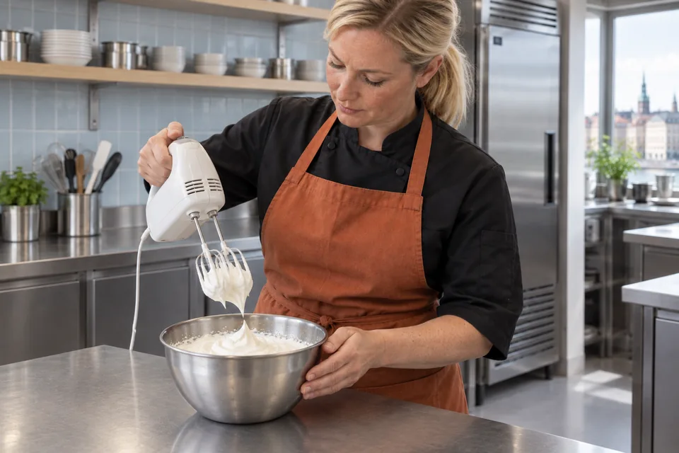 Chef lifting beaters to check stiff whipped cream peaks.