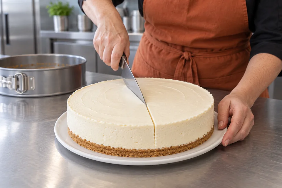Chilled no-bake cheesecake with ring removed being cut on a plate.