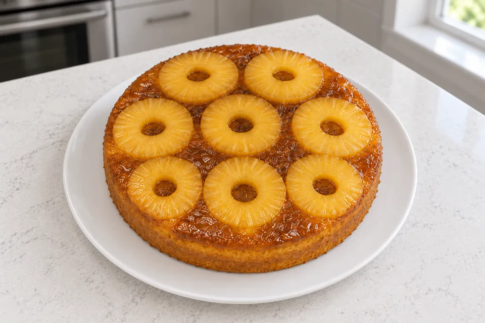 A whole pineapple upside-down cake with eight rings on a plain white plate.