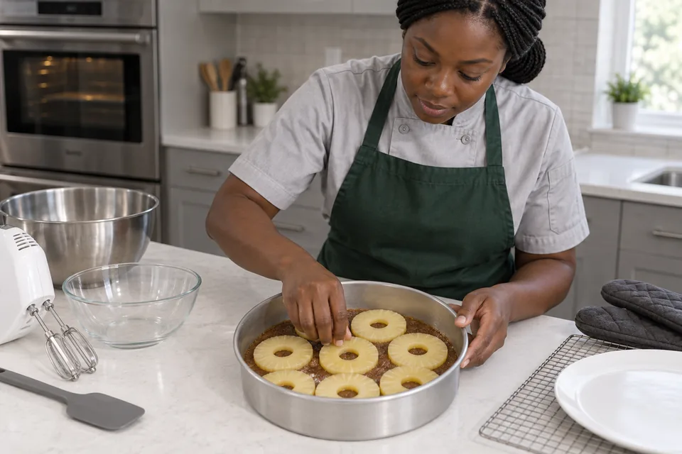 A cook arranges eight pineapple rings in the prepared round cake tin.