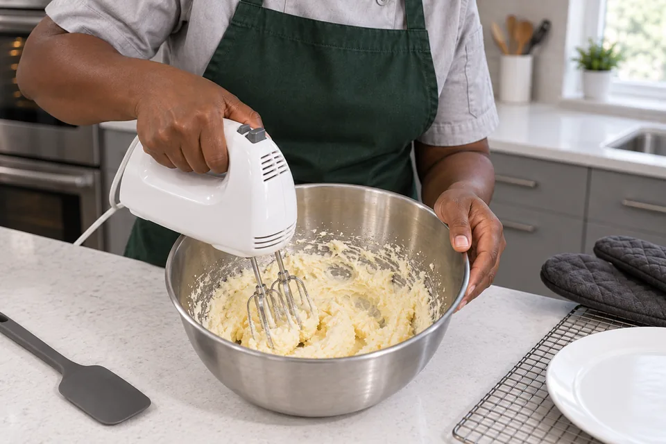 A mixer beats a pale butter and sugar base in a metal bowl.