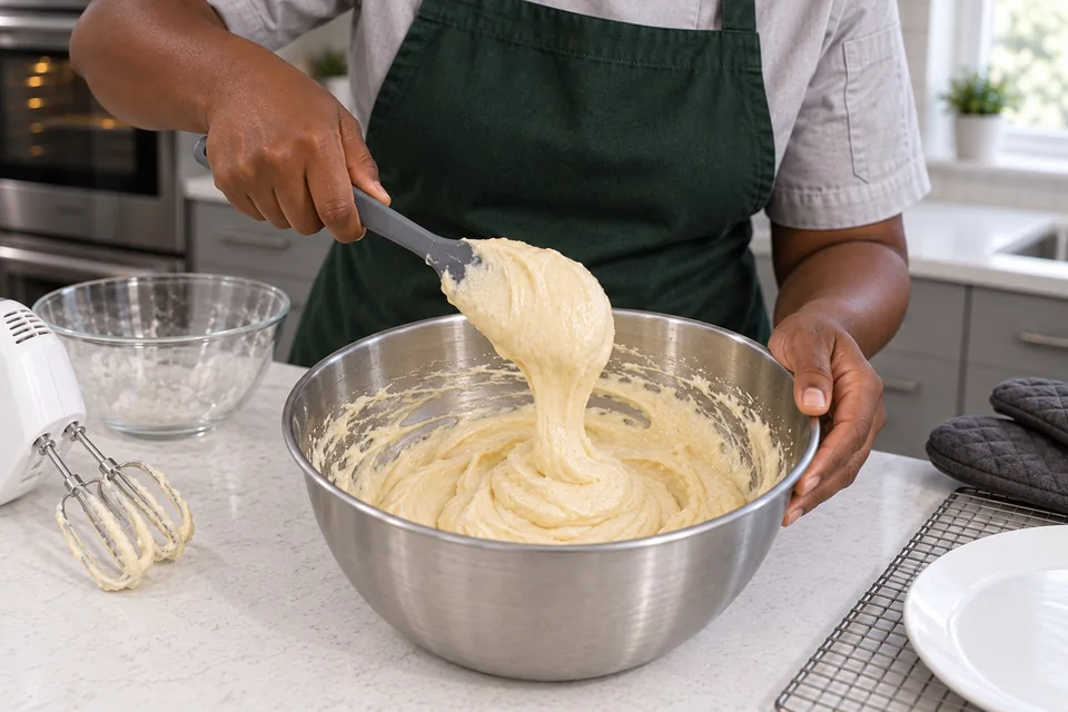 A spatula lifts smooth thick cake batter in a stainless bowl.