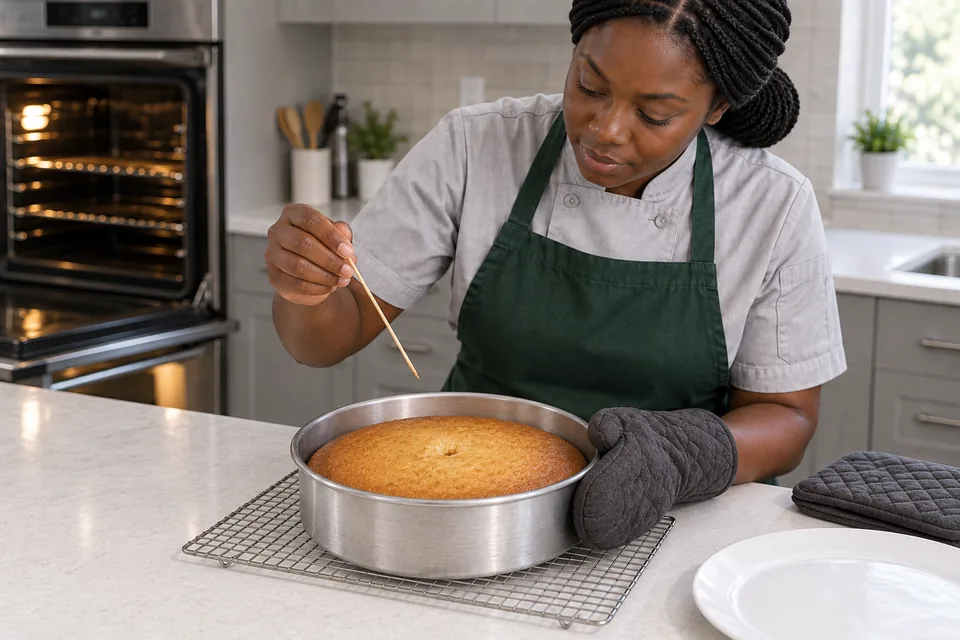 A cook checks the baked cake in its tin with a clean wooden skewer.