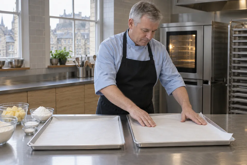 Chef lining two baking trays with parchment.