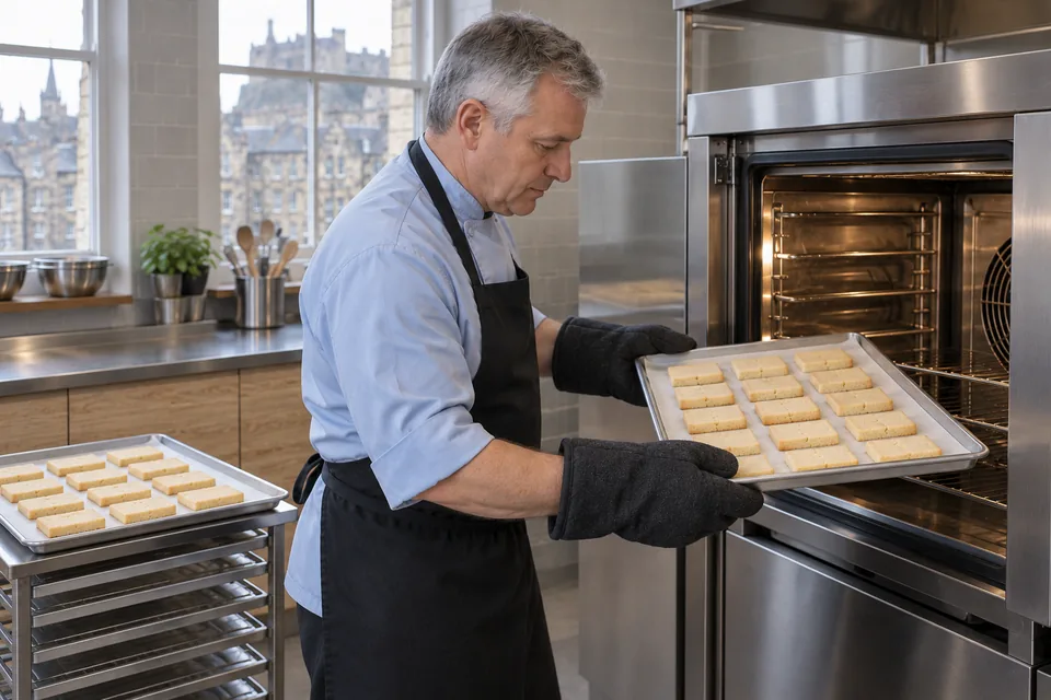 Chef using two oven mitts to remove a tray of pale rectangular shortbread.