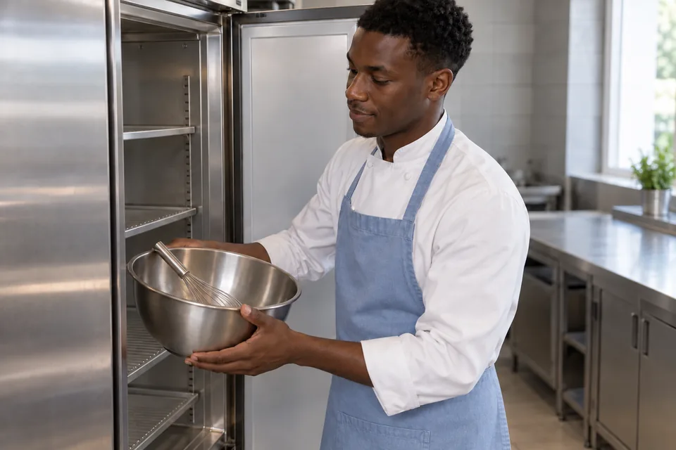 Cook taking an empty steel bowl and whisk from a refrigerator.