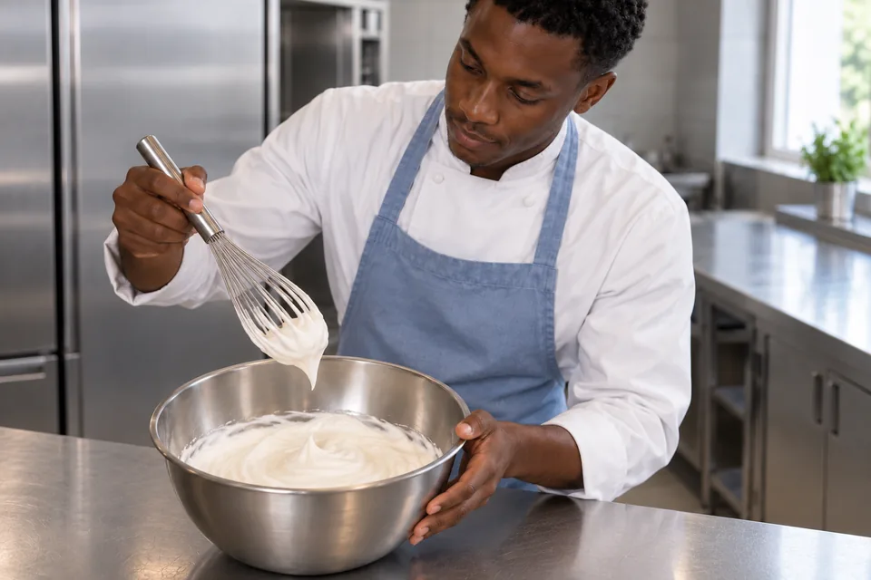 A whisk lifted above smooth white cream with a gently drooping soft peak.