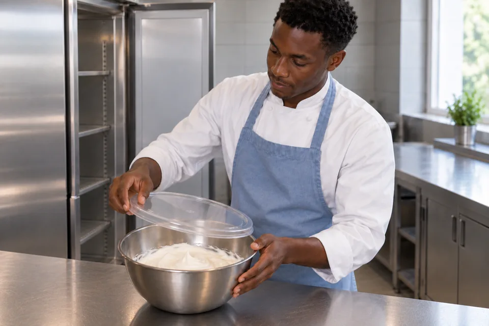 Cook fitting a clear lid over a steel bowl of smooth whipped cream.