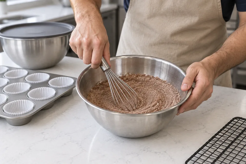 A whisk mixes cocoa-coloured dry ingredients.