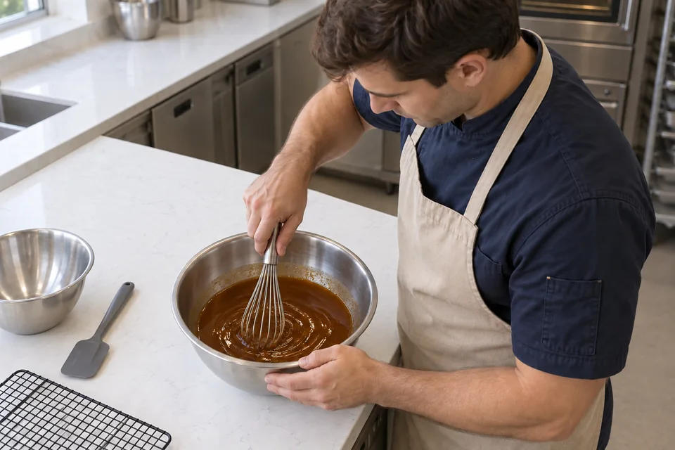 A cook whisks the brown sugar and wet ingredients in a bowl.