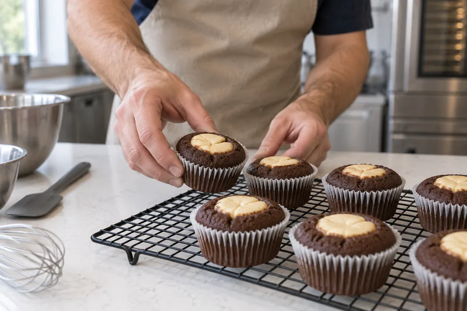 A cook lifts a cupcake from the pan to a cooling rack.