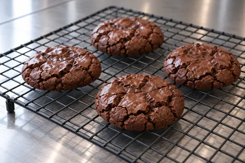 Four dark brownie cookies with cracked tops on a wire rack.