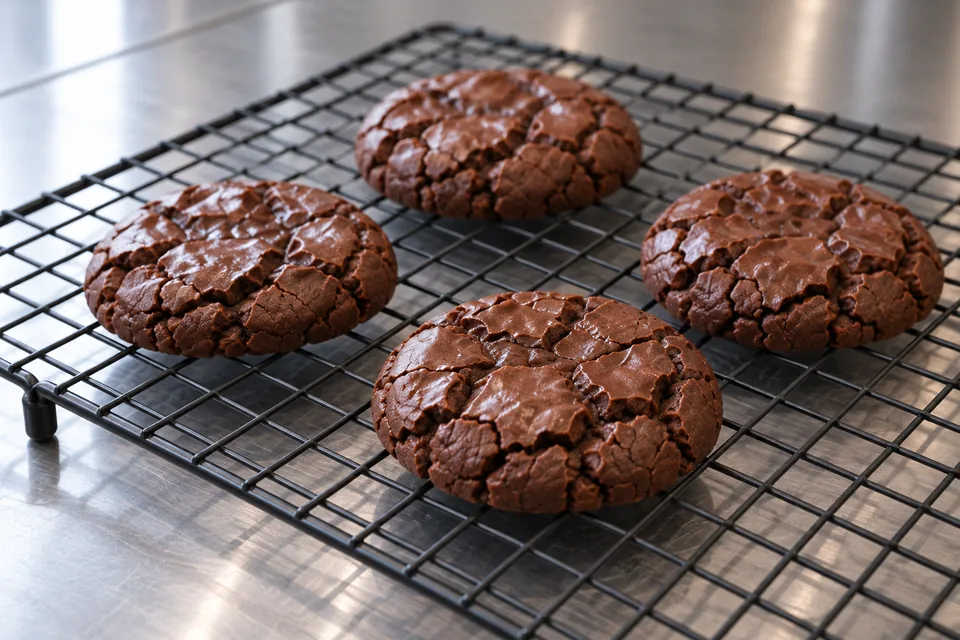 Four dark brownie cookies with cracked tops on a wire rack.