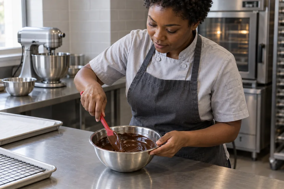 A cook stirs glossy melted chocolate in a stainless bowl.