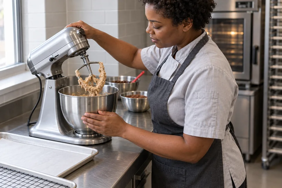 A mixer beater lifts from aerated butter and sugar in a steel bowl.