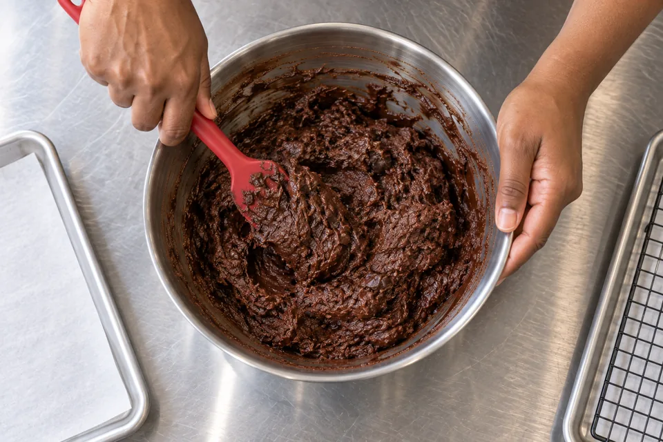 A cook smooths thick chocolate cookie dough with a spatula.