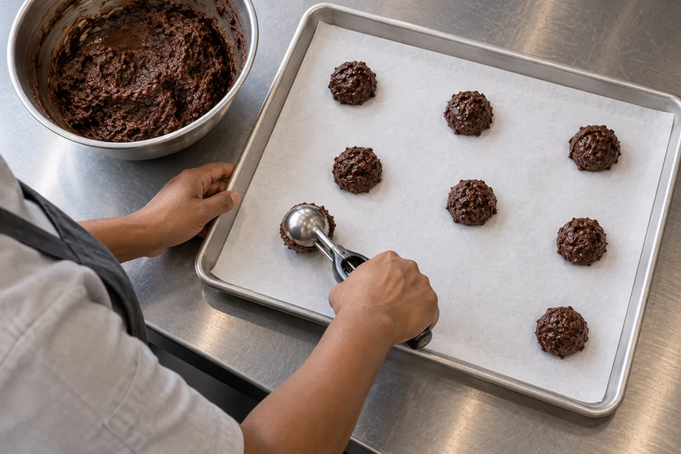 A cook scoops dark chocolate dough into spaced mounds on parchment.