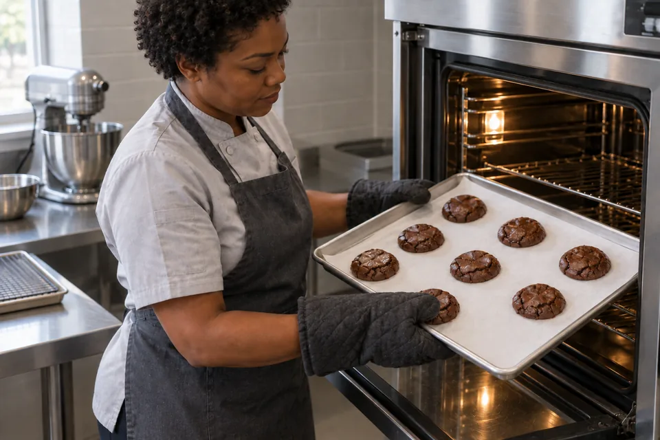 A cook uses oven mitts to lift a tray of cracked-top brownie cookies.