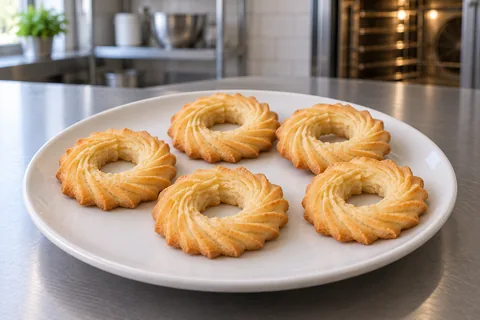 Five golden piped butter-cookie rings on a plain white plate.