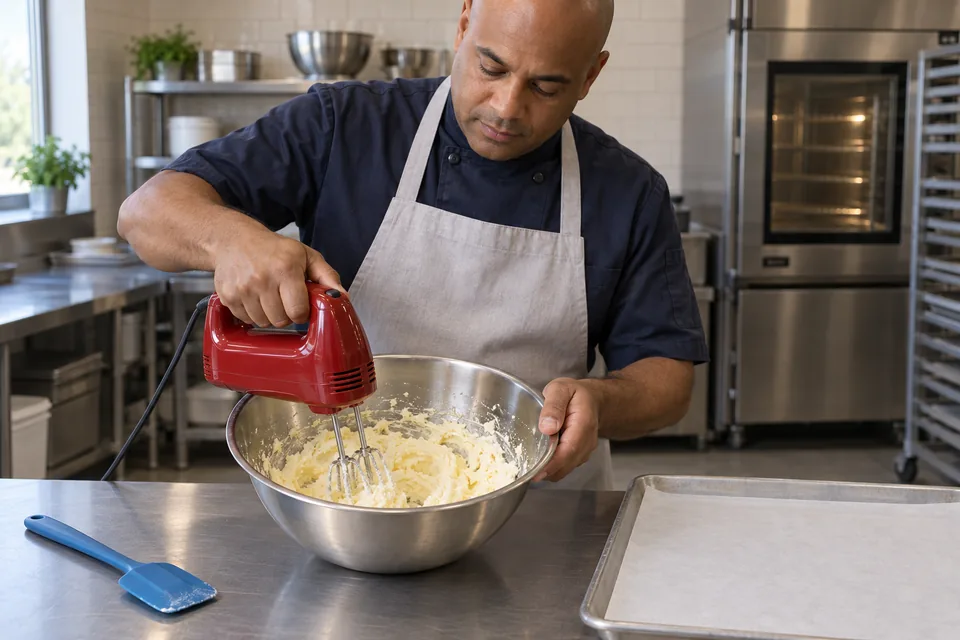 A cook beats butter and sugar in a stainless bowl.