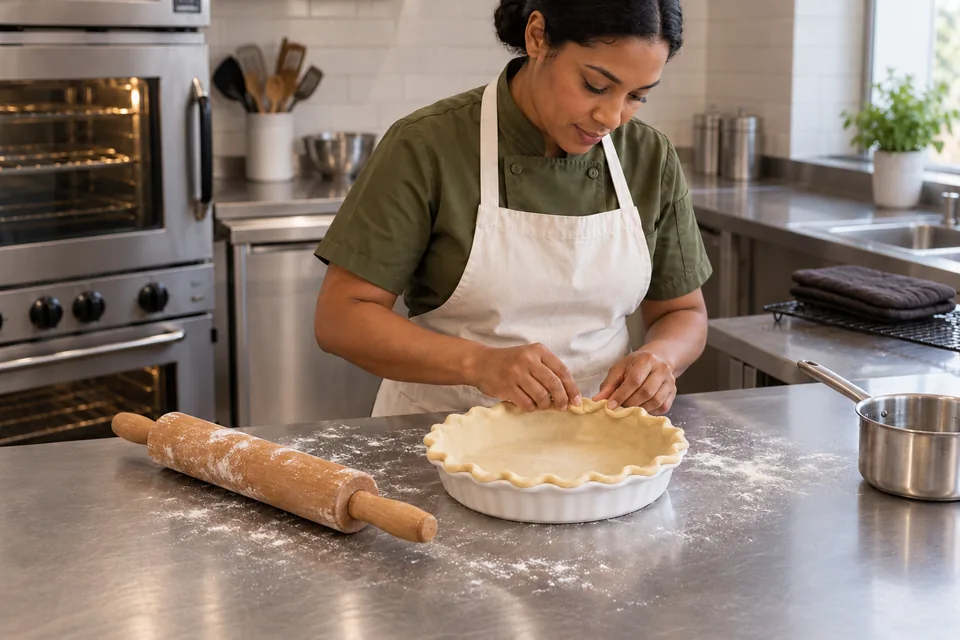 A cook crimps pastry around a white pie dish.