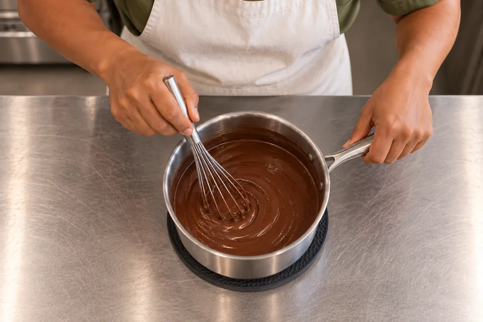 Hands whisk smooth chocolate pie filling in a saucepan.