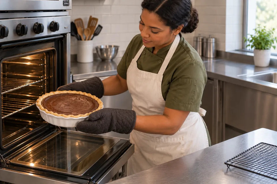 A cook uses mitts to lift a baked chocolate pie from the oven.
