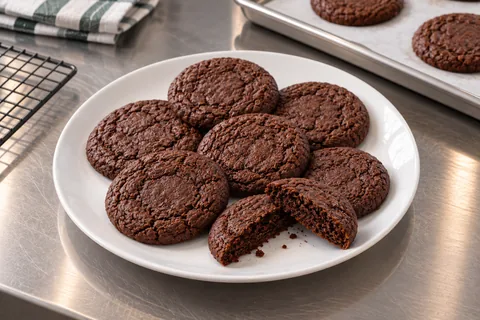 Plain dark cocoa cookies on a white plate, with one broken to show its centre.