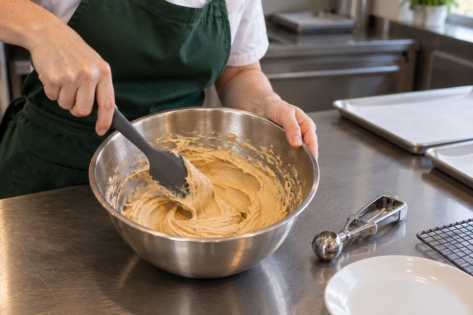 A spatula draws through smooth creamy mixture in a bowl.